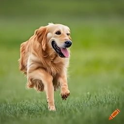 An AI generated image of a Golden Retriever dog running through a field using Craiyon AI before upscaled.
