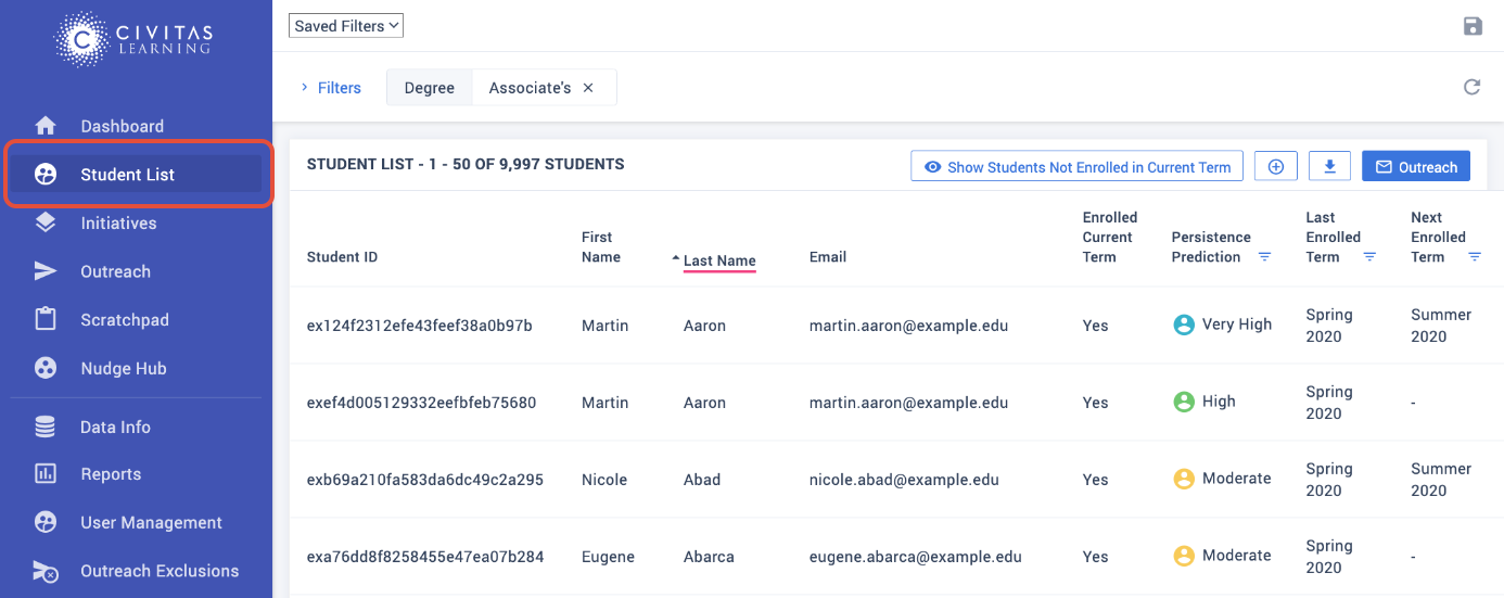 Select Student Lists from the side menu to view all students meeting the current filter criteria.