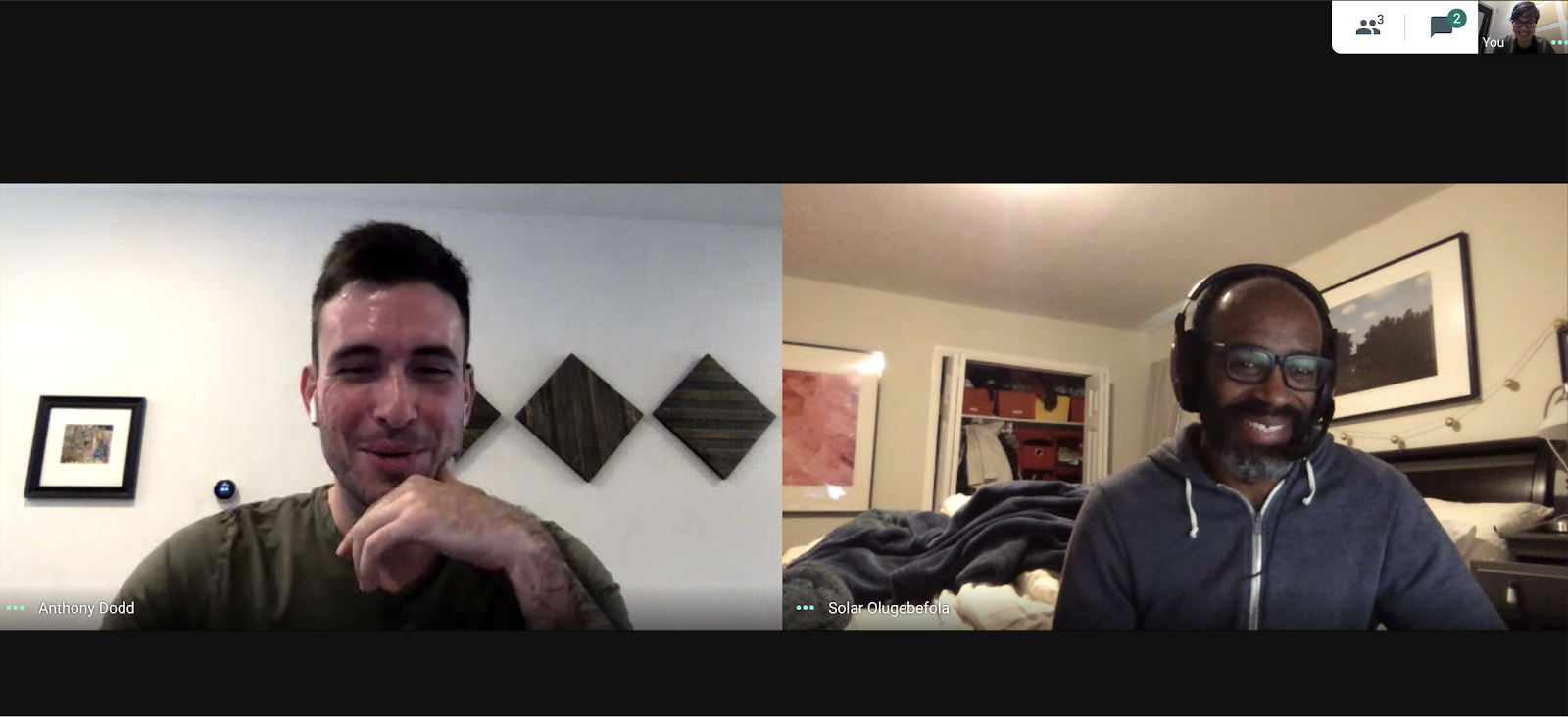 Google Hangout meeting with 3 people on video