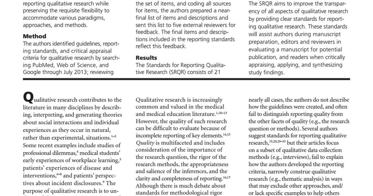 major standards for reporting qualitative research
