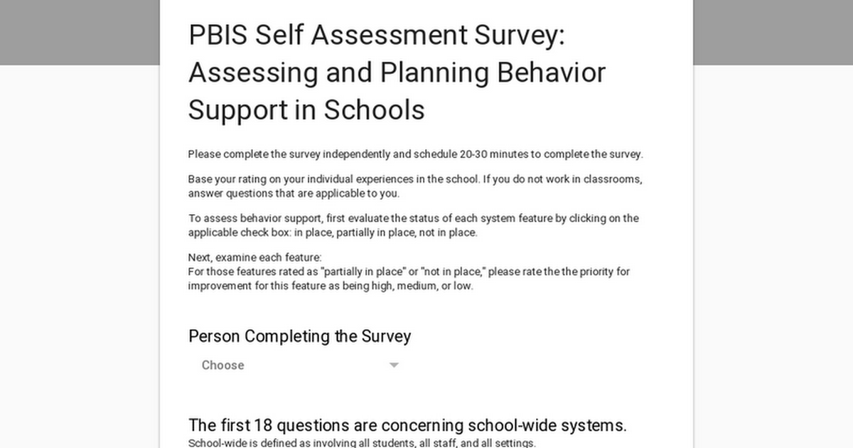 PBIS Self Assessment Survey Assessing And Planning Behavior Support In Schools
