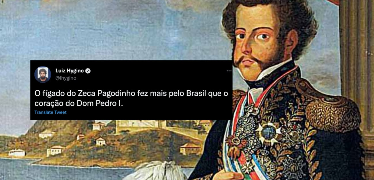 Montagem com a imagem de Dom Pedro I e uma publicação do Twitter.