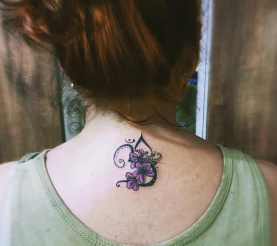 Purple With Black Flower Back Neck Tattoos Women