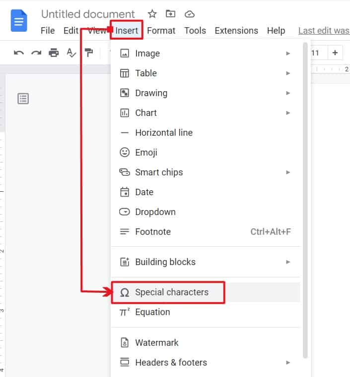 Opening Google Docs Special Characters Tool Window