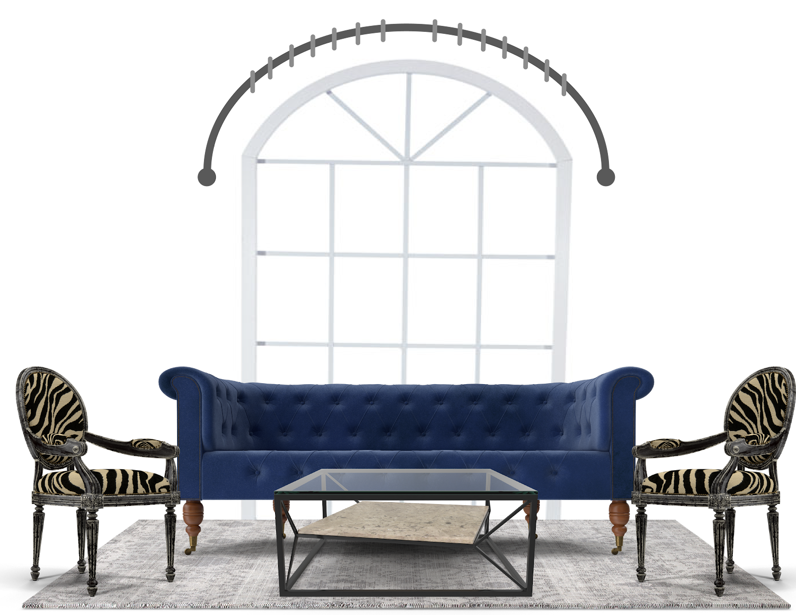 Front view of a mock living room with an arched or eyelash rod