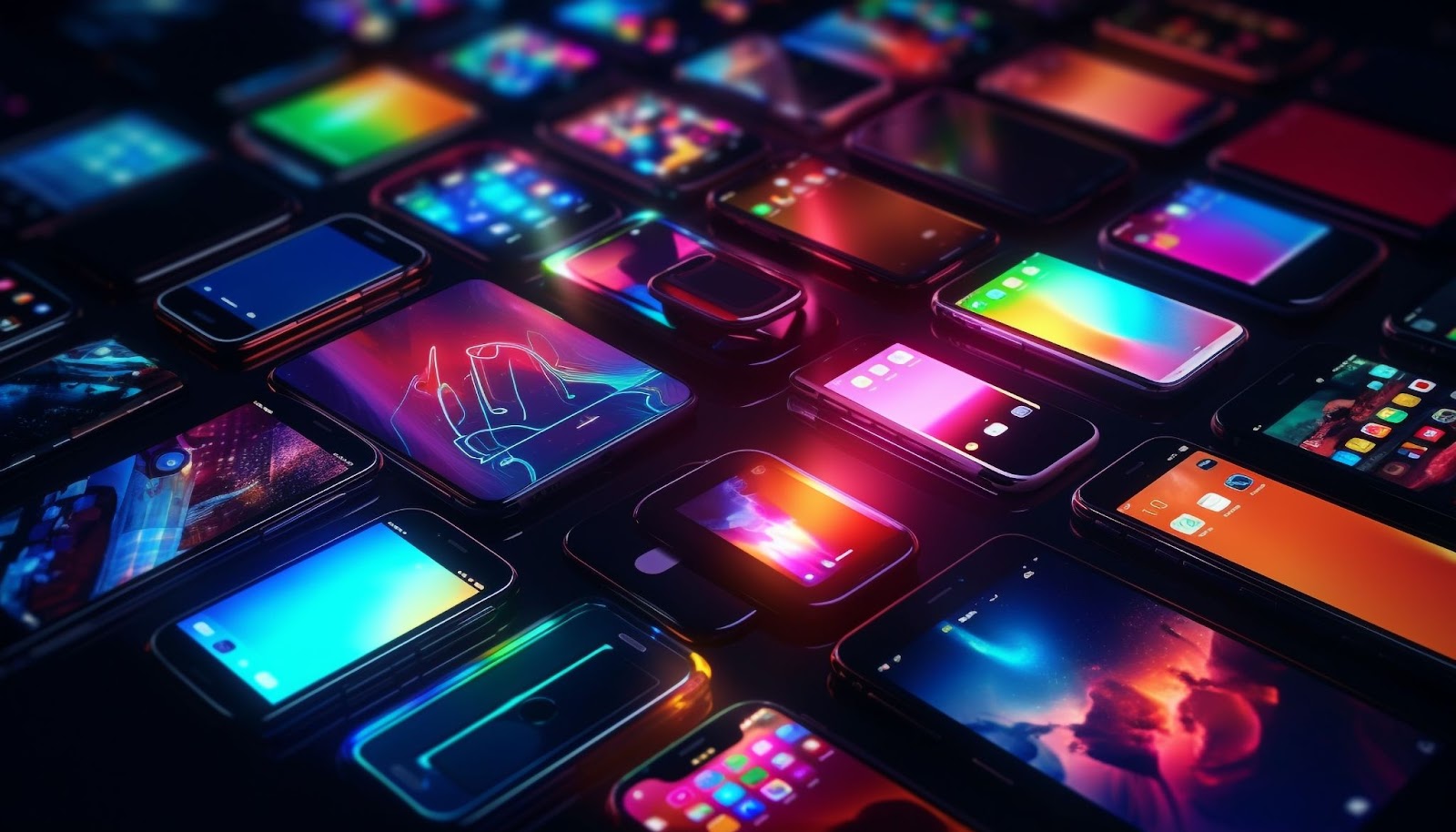 a few rows of various smartphones and tablets with their screens turned on