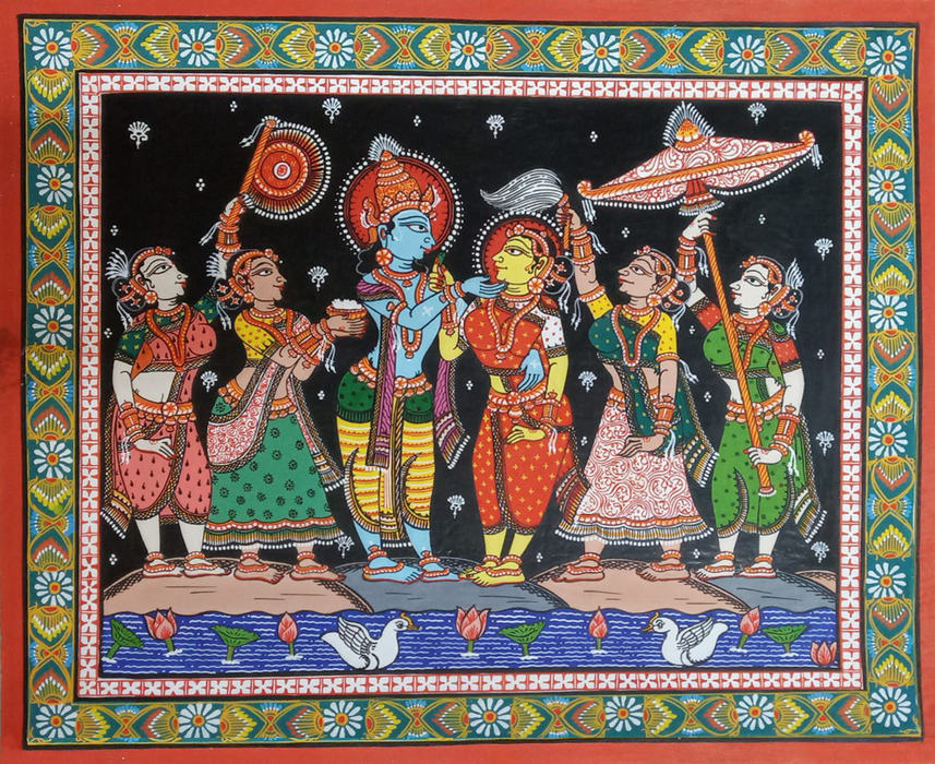 Radha Krishna, lord krishna rasa leela landscape painting on dirums art gallery
