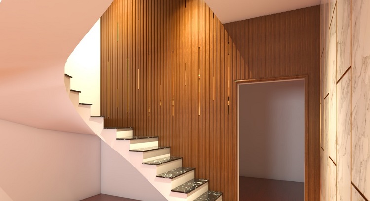 Tấm nhựa giả gỗ thanh lam cũng là giải pháp trang trí cửa hoặc tường tại khu vực cầu thang cực ấn tượng.
