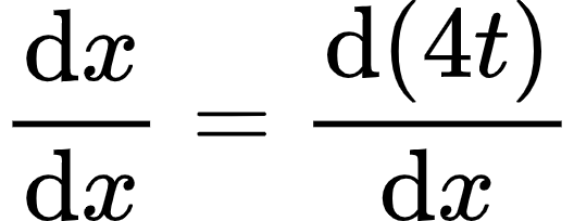{"type":"align*","code":"\\begin{align*}\n{\\diff{x}{x}}&={\\diff{\\left(4t\\right)}{x}}\t\n\\end{align*}","font":{"size":10,"family":"Arial","color":null},"id":"6-1-1-0","ts":1598620177691,"cs":"SIuHHyXpJH4J5lL3AXp3pg==","size":{"width":88,"height":33}}