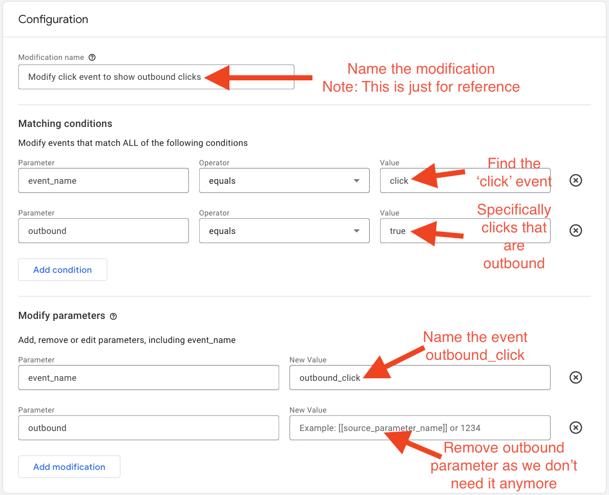 The Google Analytics (GA4) event modification setting screen pointing out each section required for user input, including filled in examples.
