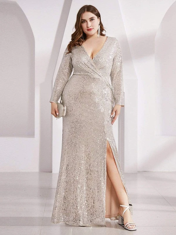 Shiny-VNeck-Plus-Size-Long-Sleeve-Sequin-Evening-Dress