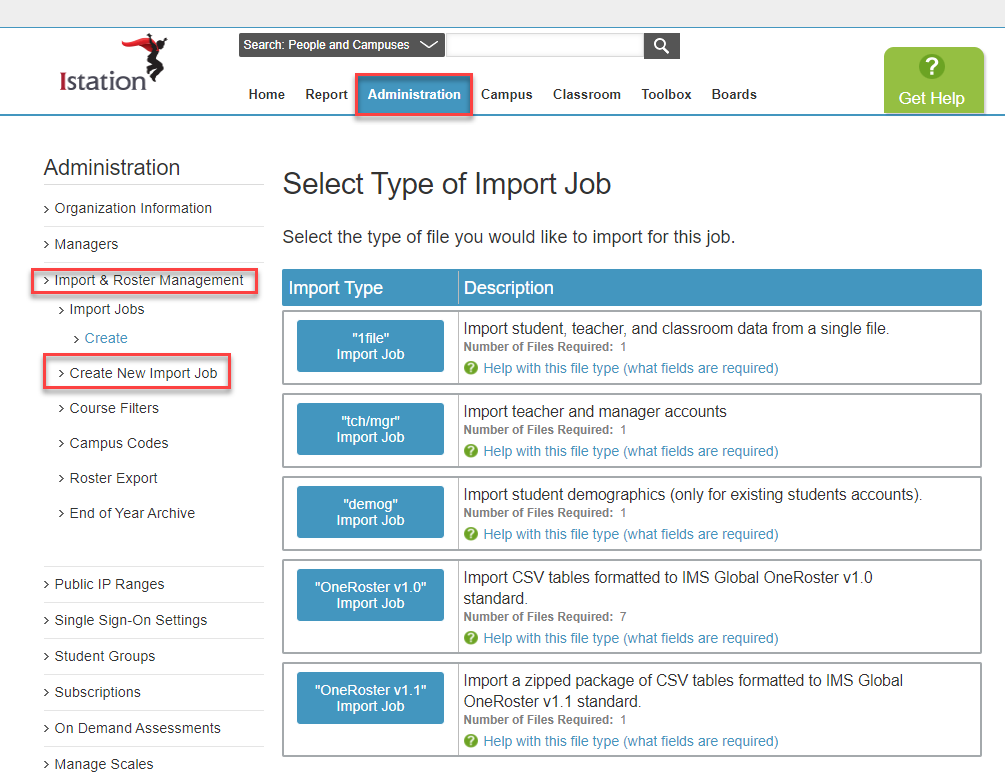 Administration menu on the left where you will select create new import job, and then in the middle select the type of import job you are creating.