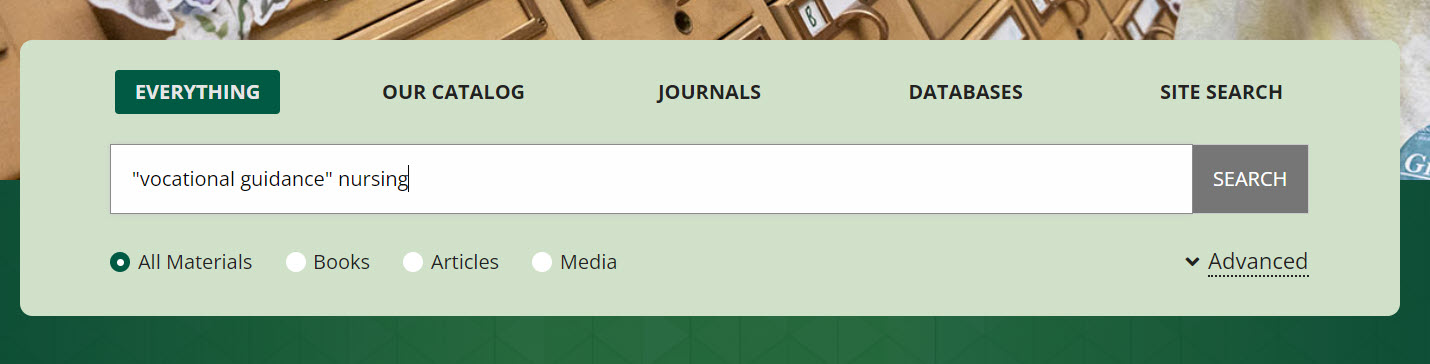 Image of Libraries' website search bar as an example of searching for "vocational guidance" resources. 