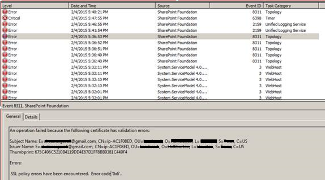 Error in Event viewer 