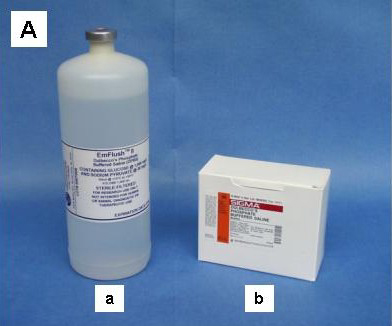 Dulbecco's phosphate buffered saline flush medium. Flush medium can be obtained commercially in prepared liquid form (a), or as a "kit" containing powdered ingredients that require reconstitution prior to use (b).
