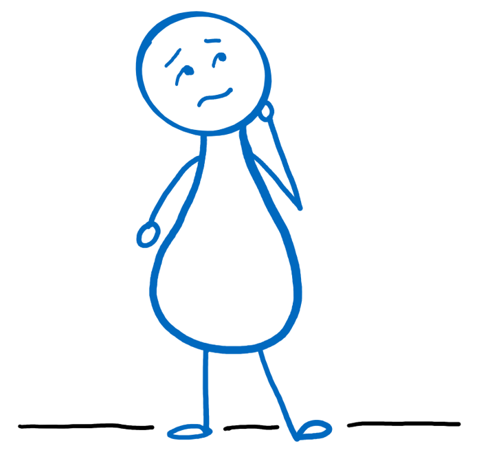 Blue, Vivido stick figure with one hand on chin looking puzzled 