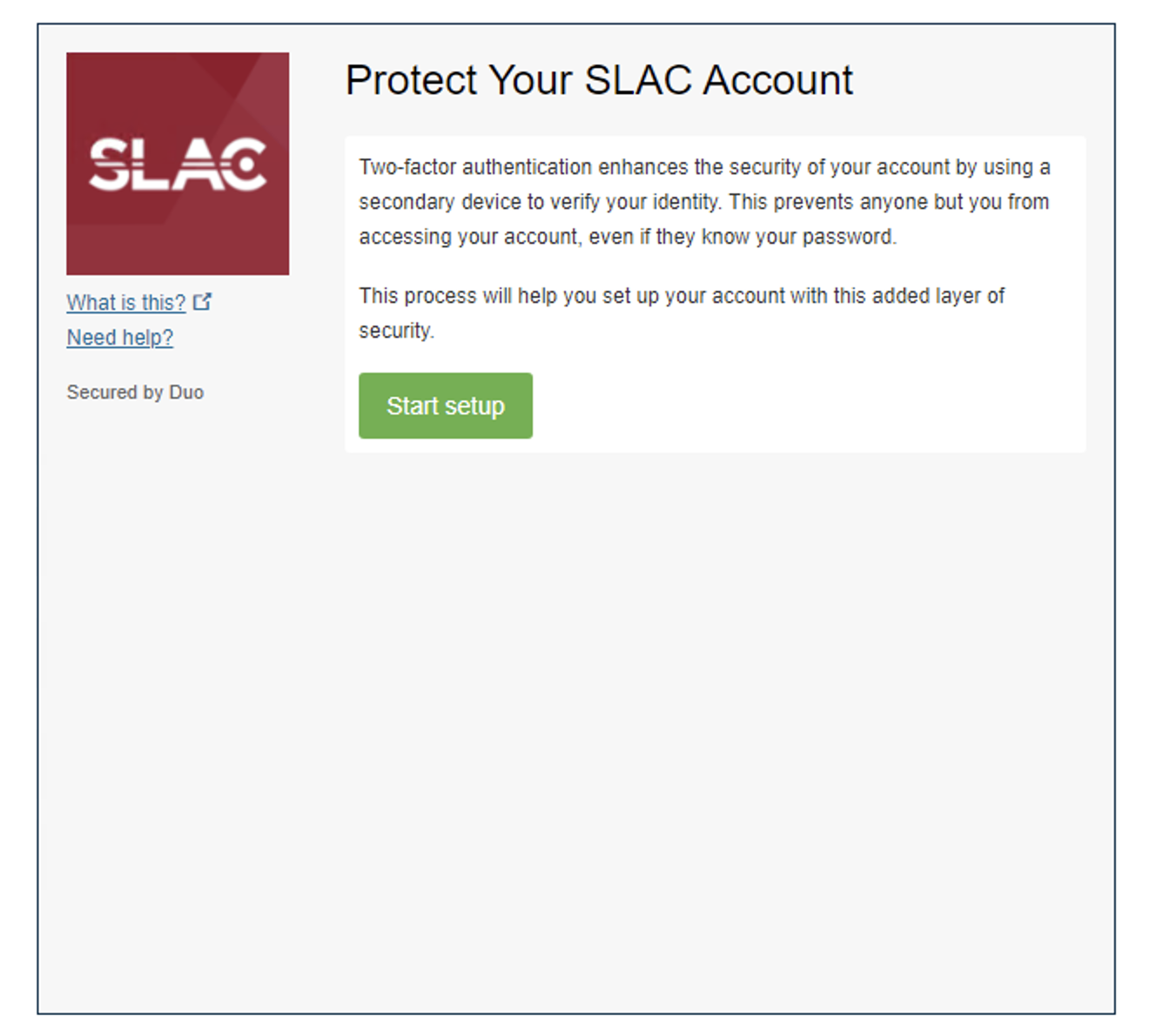 Screenshot of the Duo first page, titles "Protect Your SLAC Account"