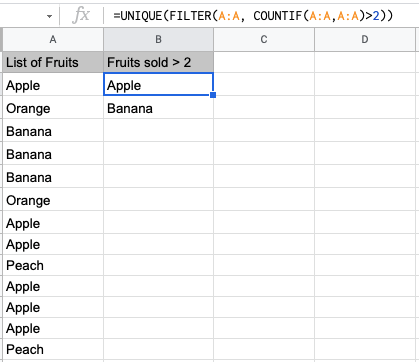 count unique values in google sheets that occurs X times