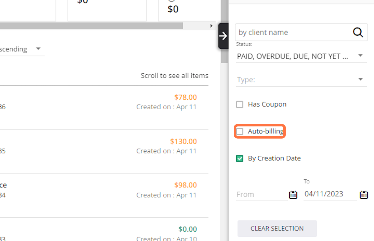 Click on Auto-billing to filter clients with Auto-billing