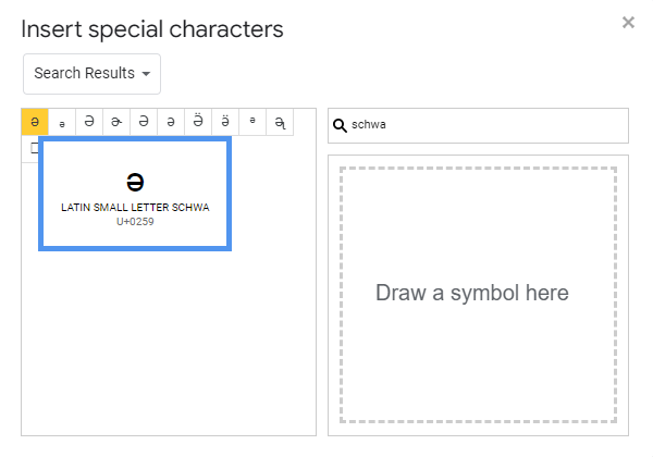 searching for Schwa symbol Text in special characters in google docs
