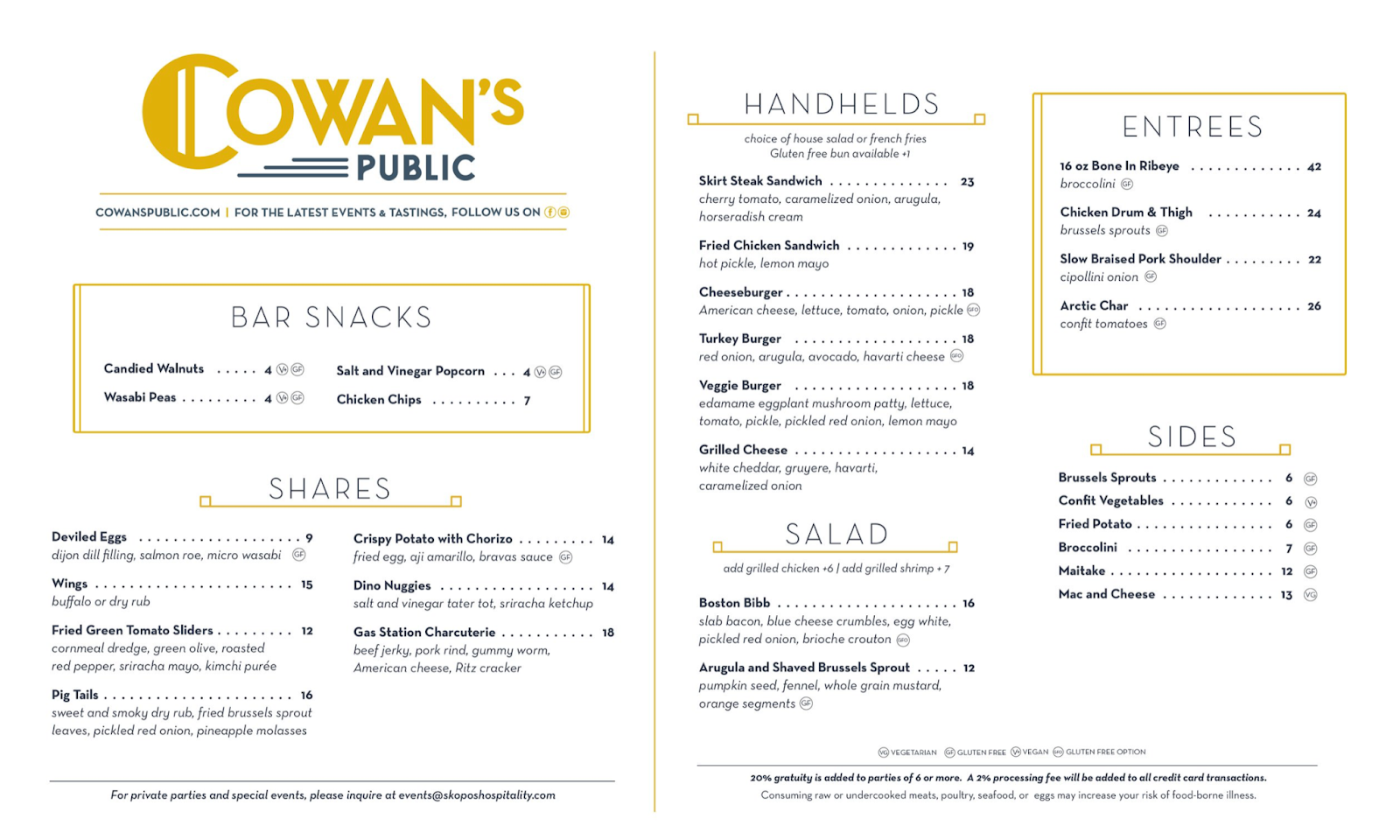 Cowans public menu