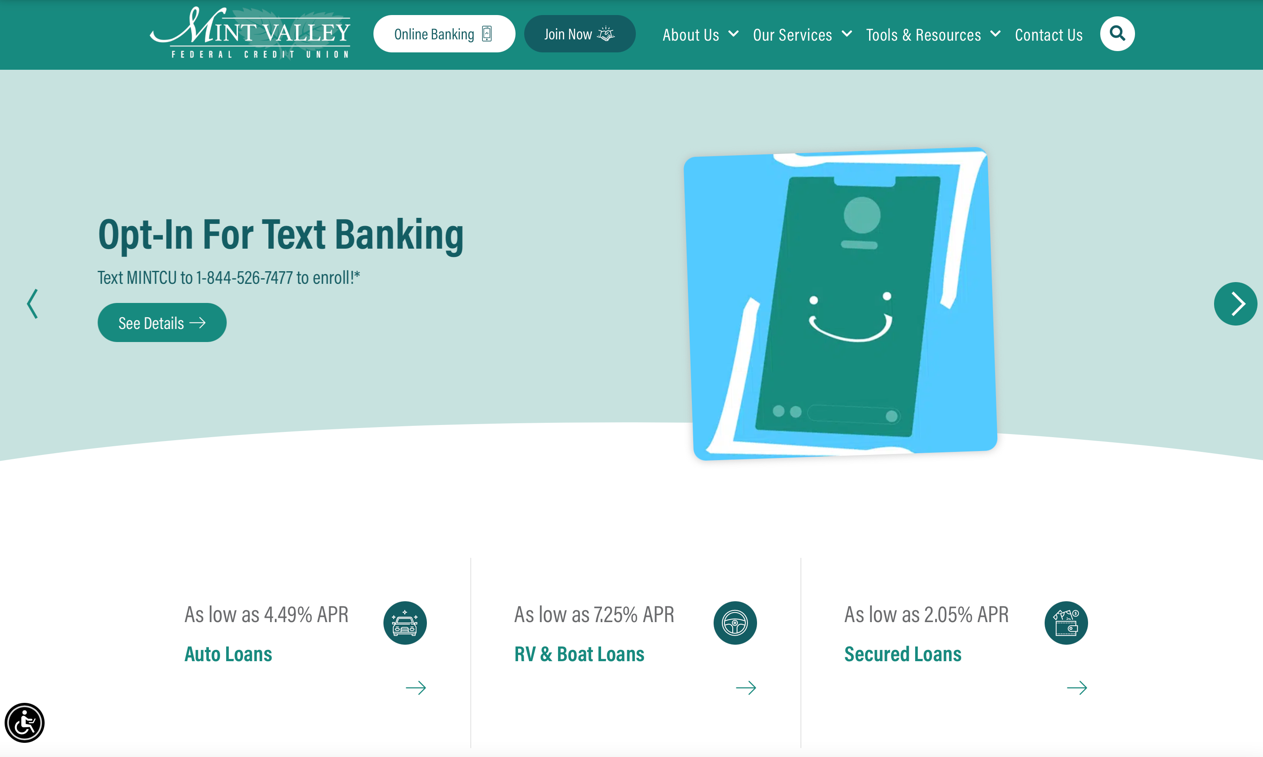 Website homepage of Mint Valley Federal Credit Union
