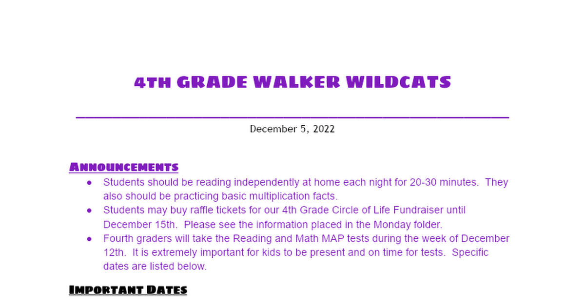 4th Grade Newsletter 12/5/22