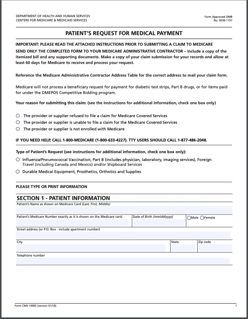 Medicare Patient’s Request for Medical Payment Form page 1