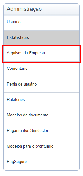 Botão 'Arquivos da Empresa' destacado em vermelho no menu lateral 'Administração'.