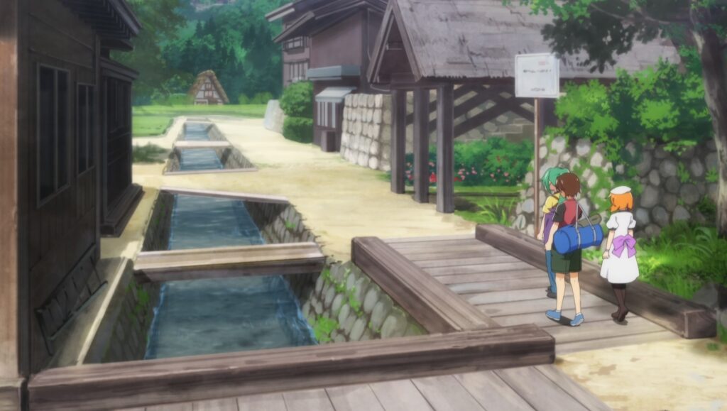 Mion, Keiichi, and Rena crossing the wooden bridge