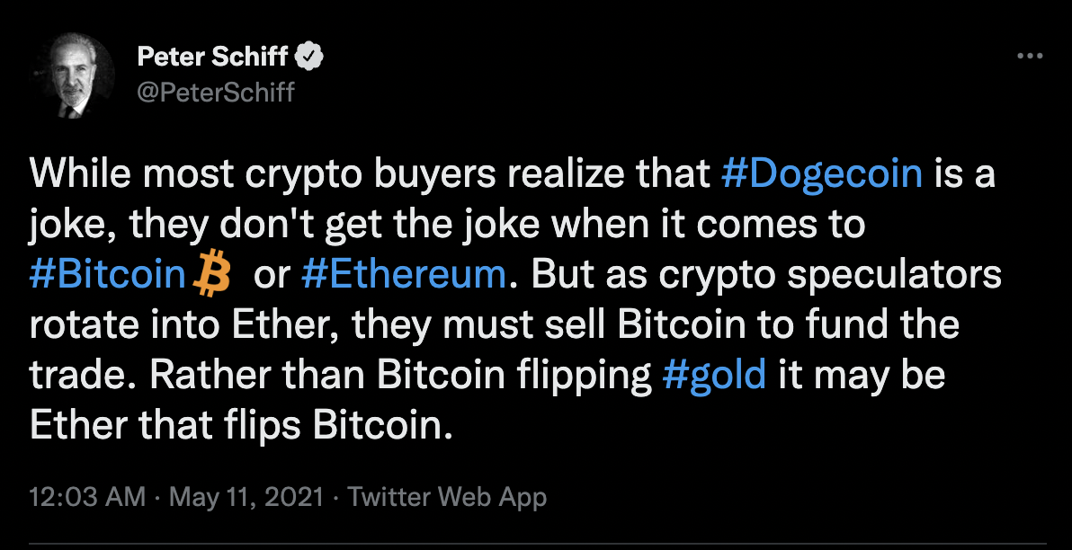 Peter Schiff Tweet über Bitcoin, Gold und Ethereum