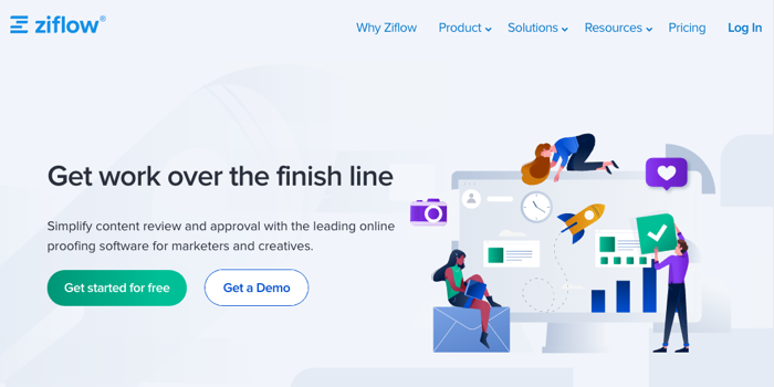 Ziflow main homepage presentation with CTA buttons as a web design preview tool for creative team