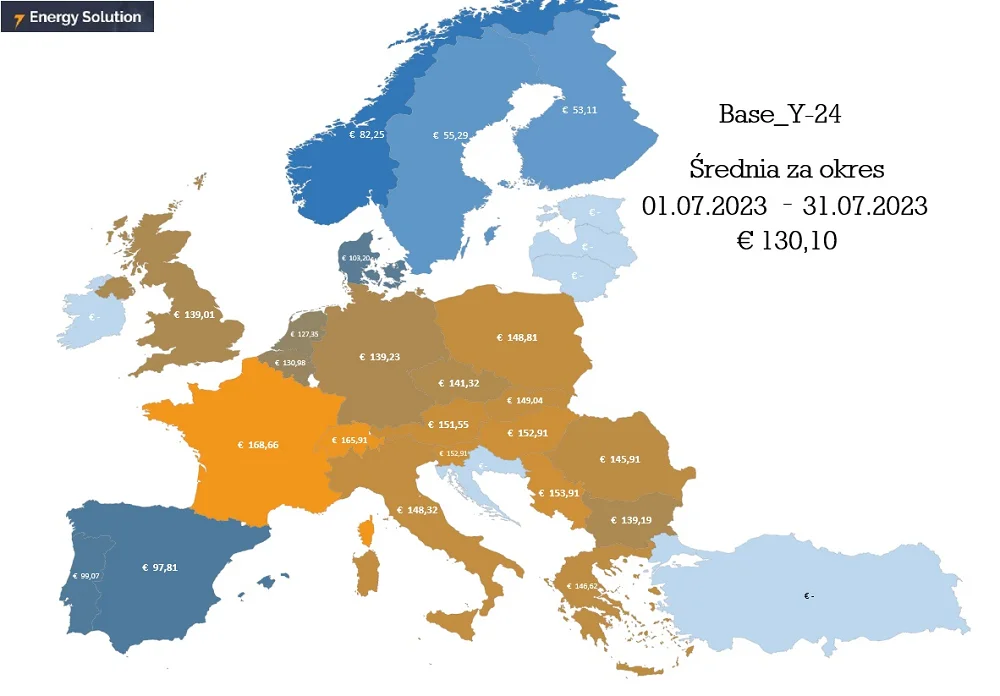Mapa średnich cen energii dla kontraktów terminowych BASE_Y-24 w Europie, lipiec 2023,
Źródło: Energy Solution