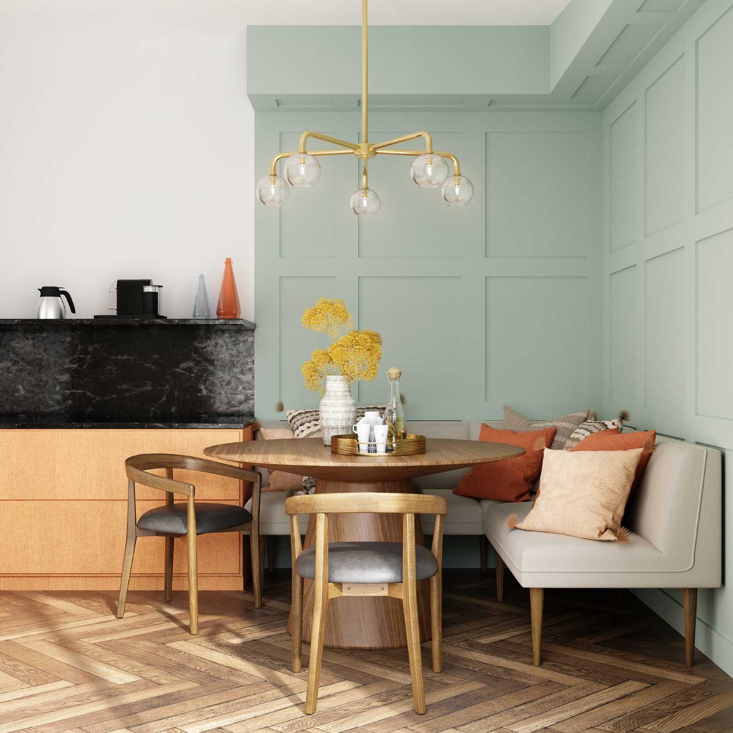 Banquette seating in a dining room with circular table to maximize seating and eating space 