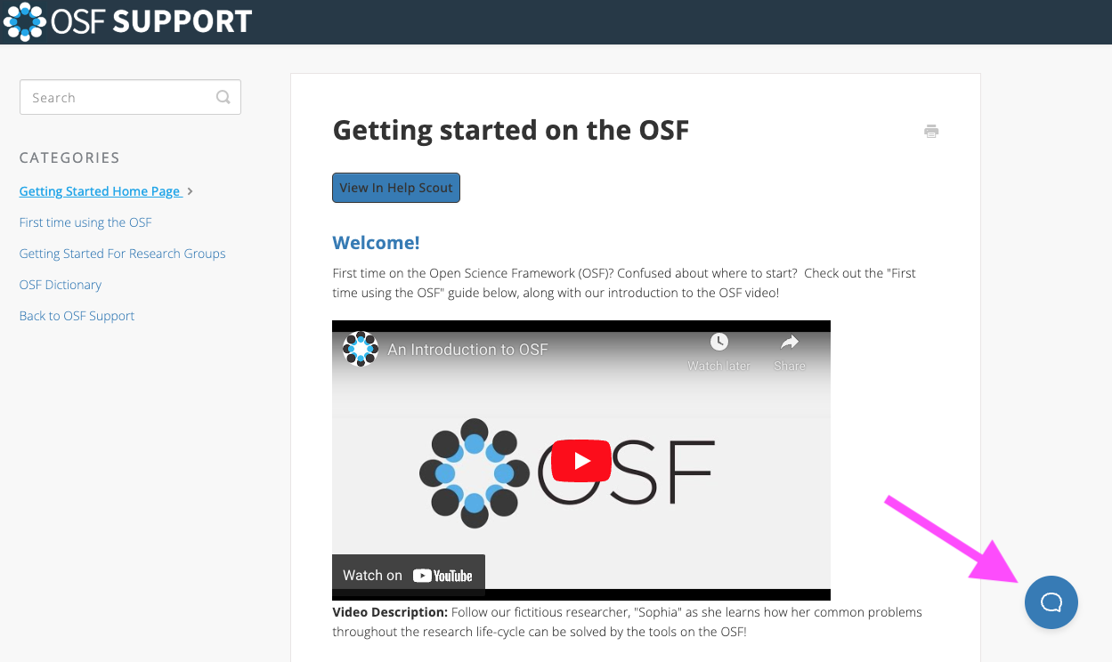 OSF page showing the support center beacon
