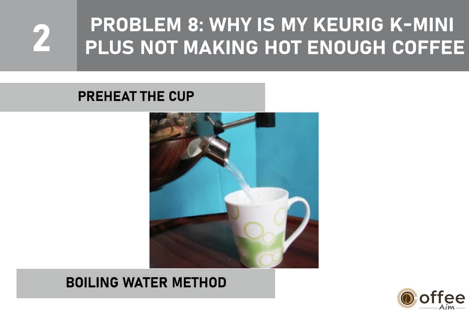 This image depicts the "Boiling water method" for addressing Problem 8: "Why is My Keurig K-Mini Plus Not Making Hot Enough Coffee?" in our article titled "Keurig K-Mini Plus Problems."





