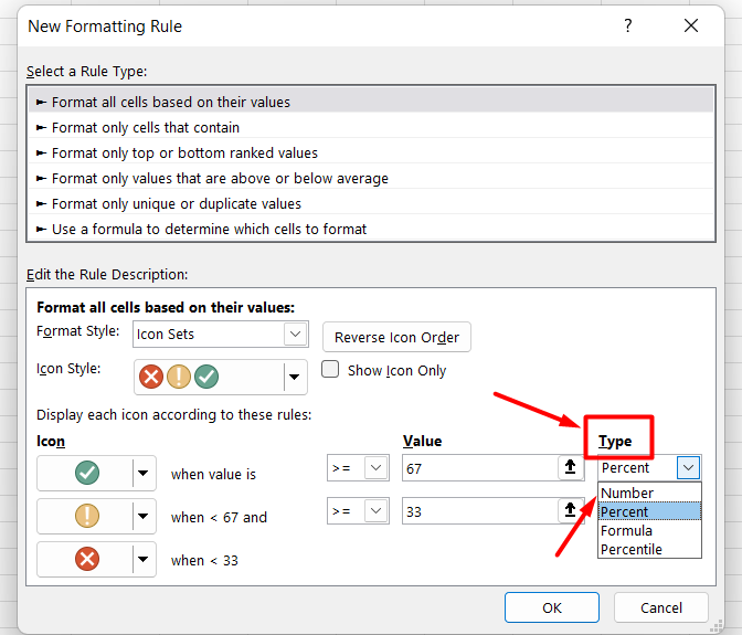 How to use Icon sets in Excel- New Formatting Rule dialog box 