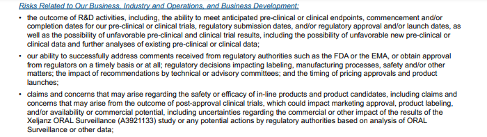 Business risk listed in the Pfizer Annual Report, which can be used to design performance goals.