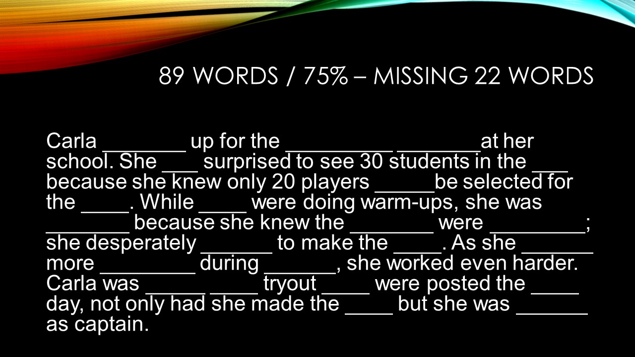 A screenshot of a paragraph with 22 out of 89 words missing.