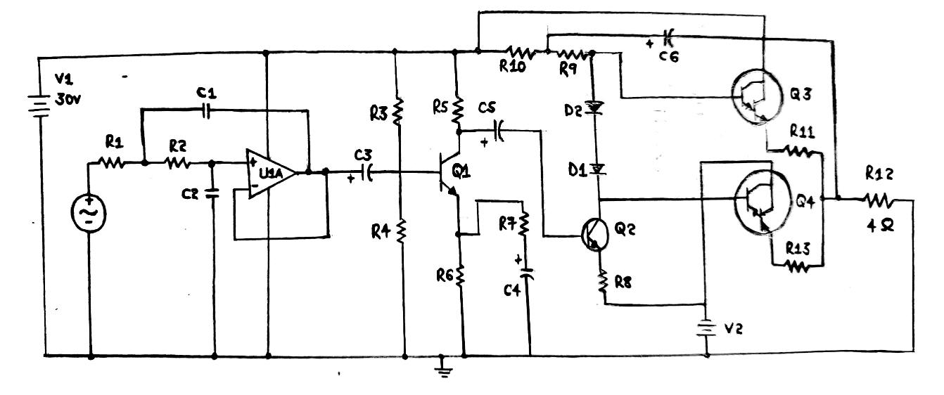 The Circuit diagram of a 100-Watt subwoofer amplifier 