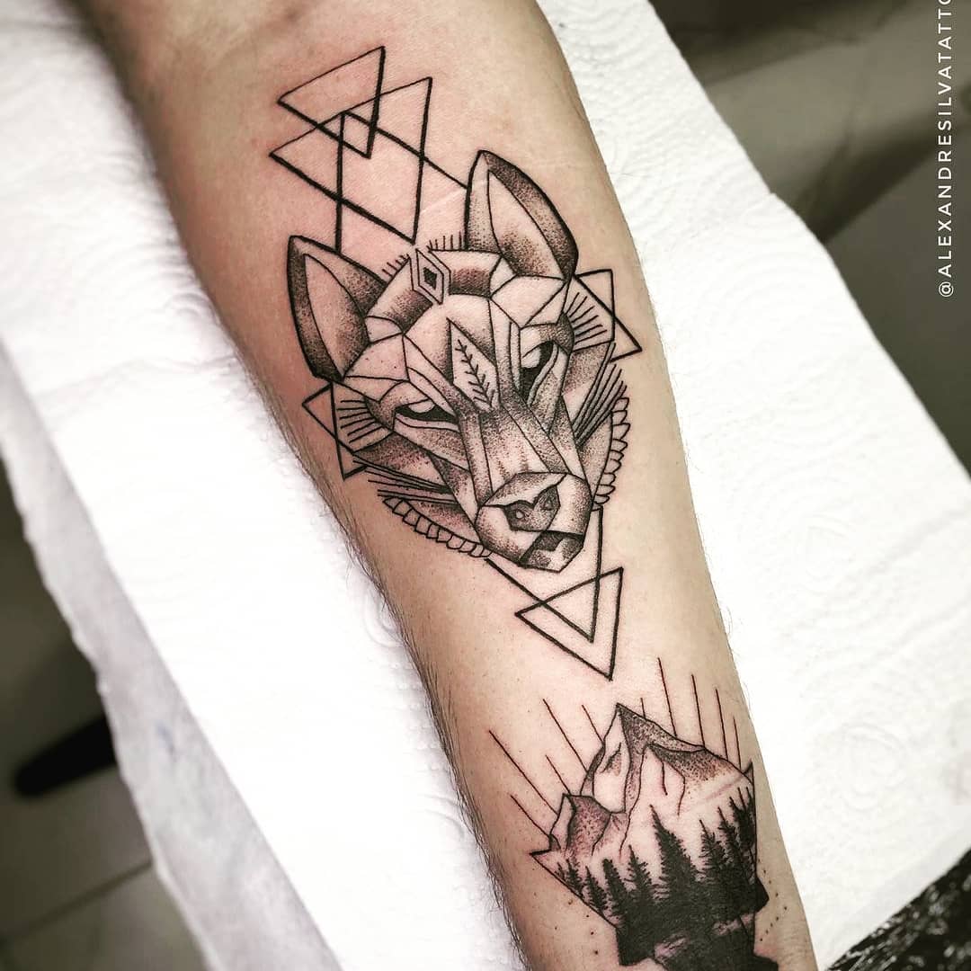 Geometrical And Gorgeous Nordic Wolf Tattoo Over Forearm