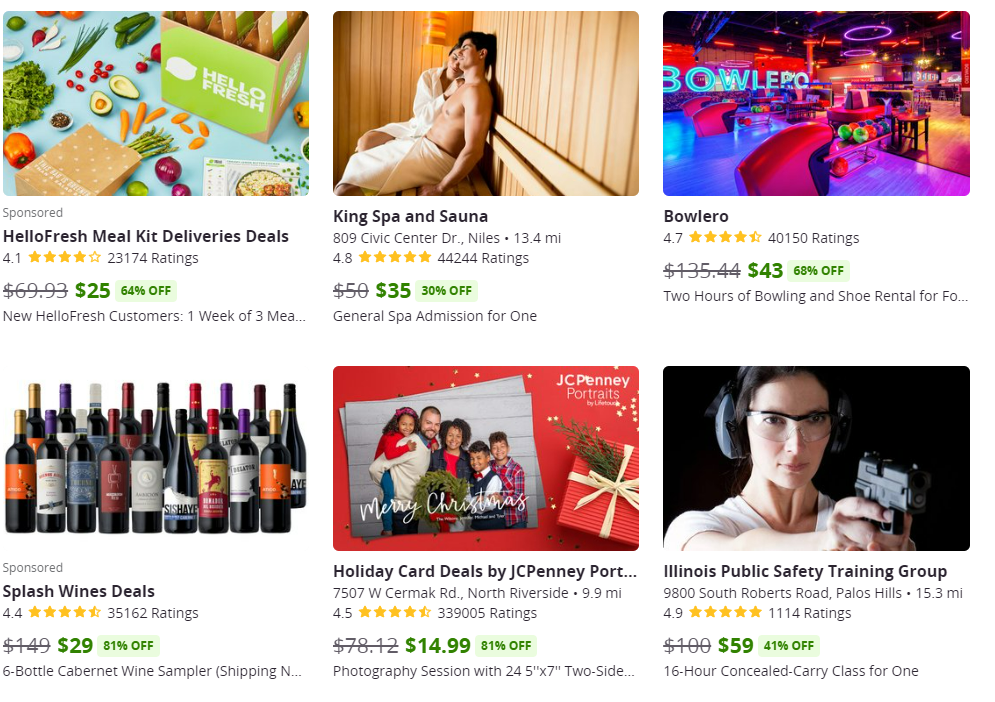 Groupon screen shot showing a variety of experiences you can buy