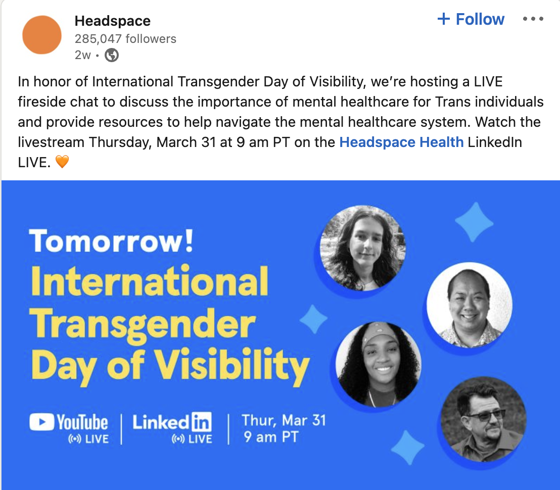 Headspace webinar for International Transgender Day of Visibility