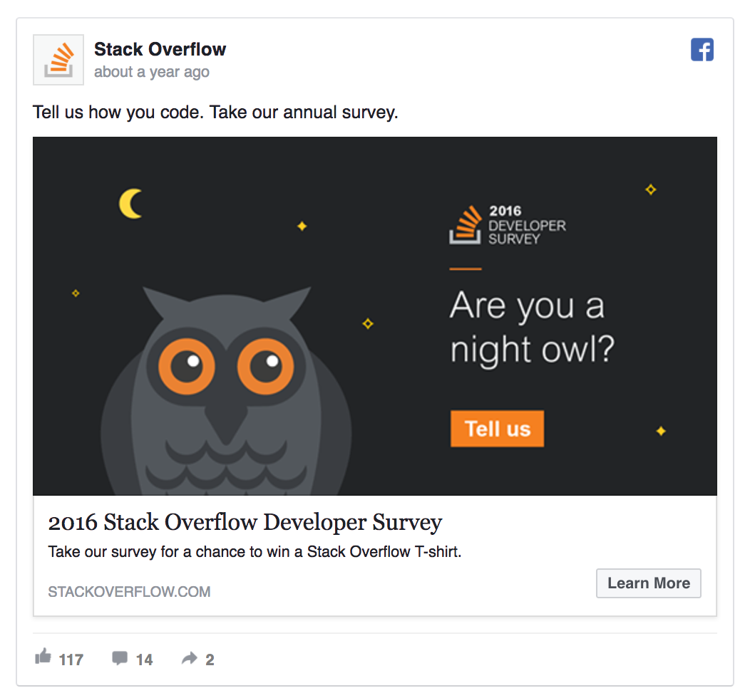 L'annonce de Stack Overflow invite les gens à participer à une enquête
