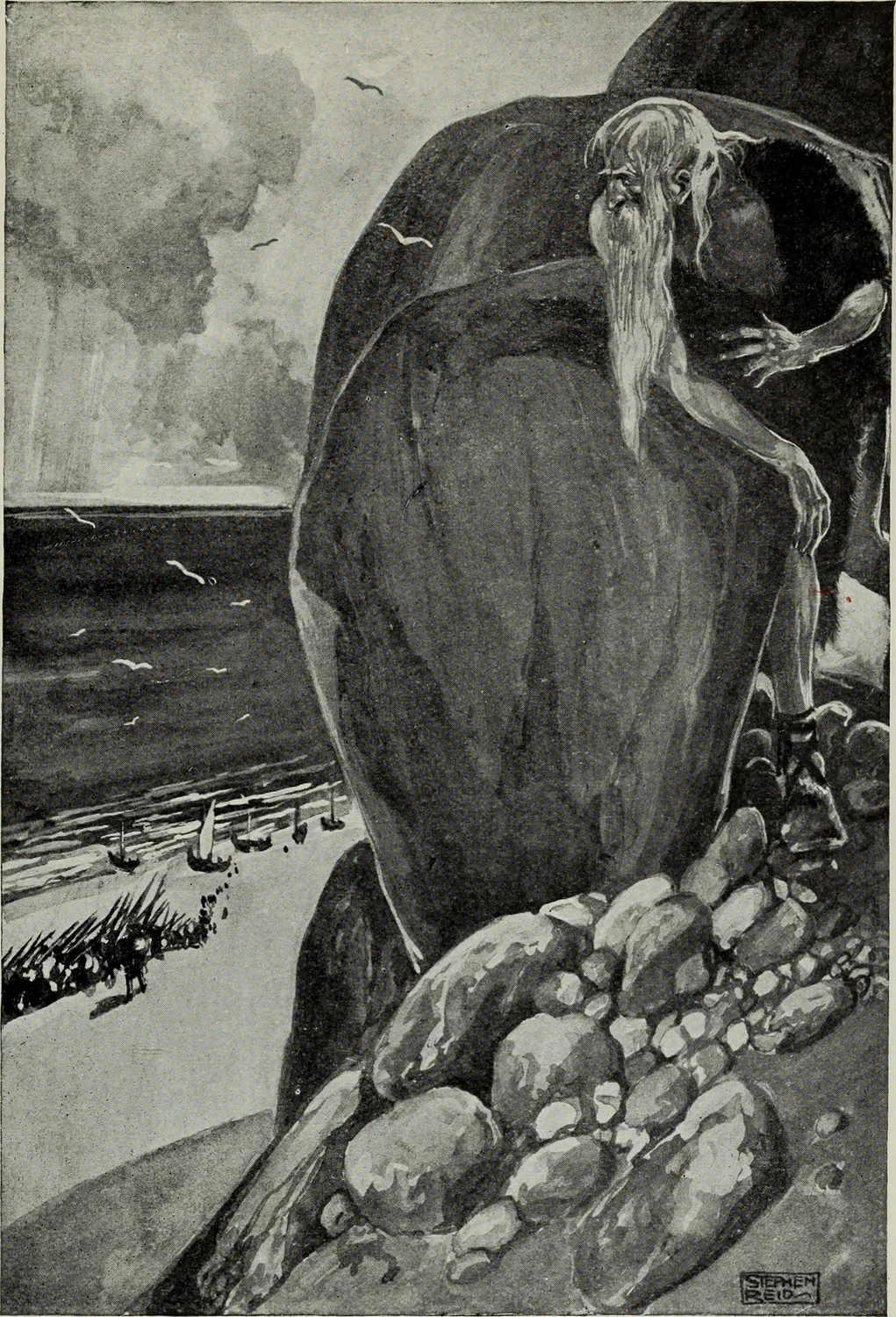Black and white painting of an old man with a long flowing beard hiding behind a rock on a mountainside. On the beach below, ships and warriors are arriving.