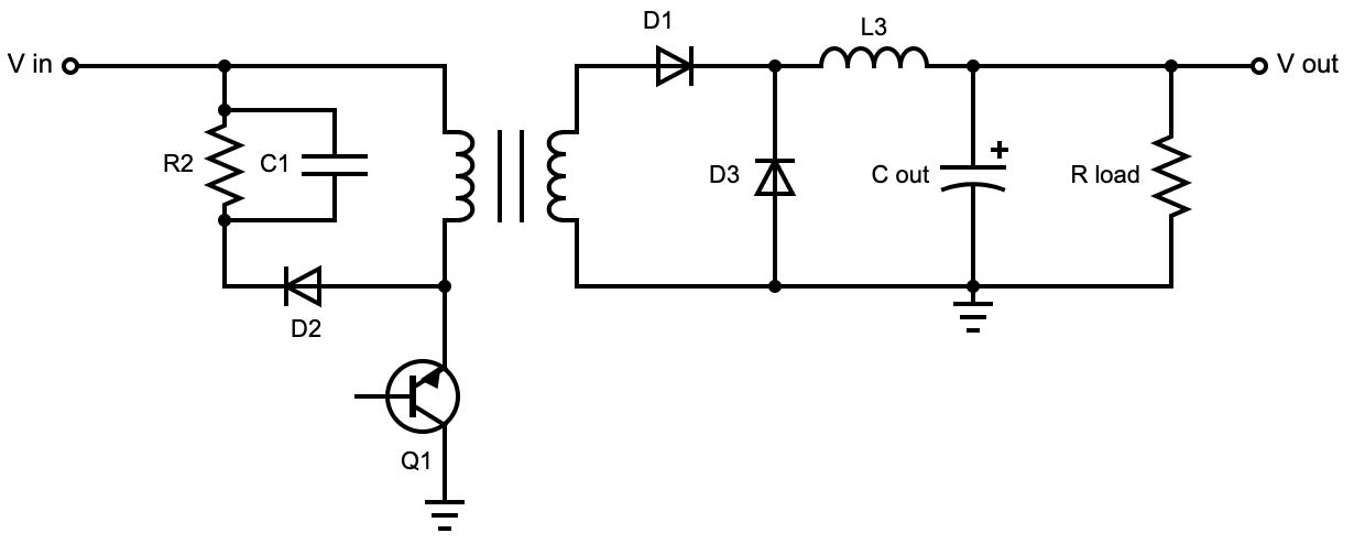 A forward converter circuit's diagram. Note the snubber circuit.