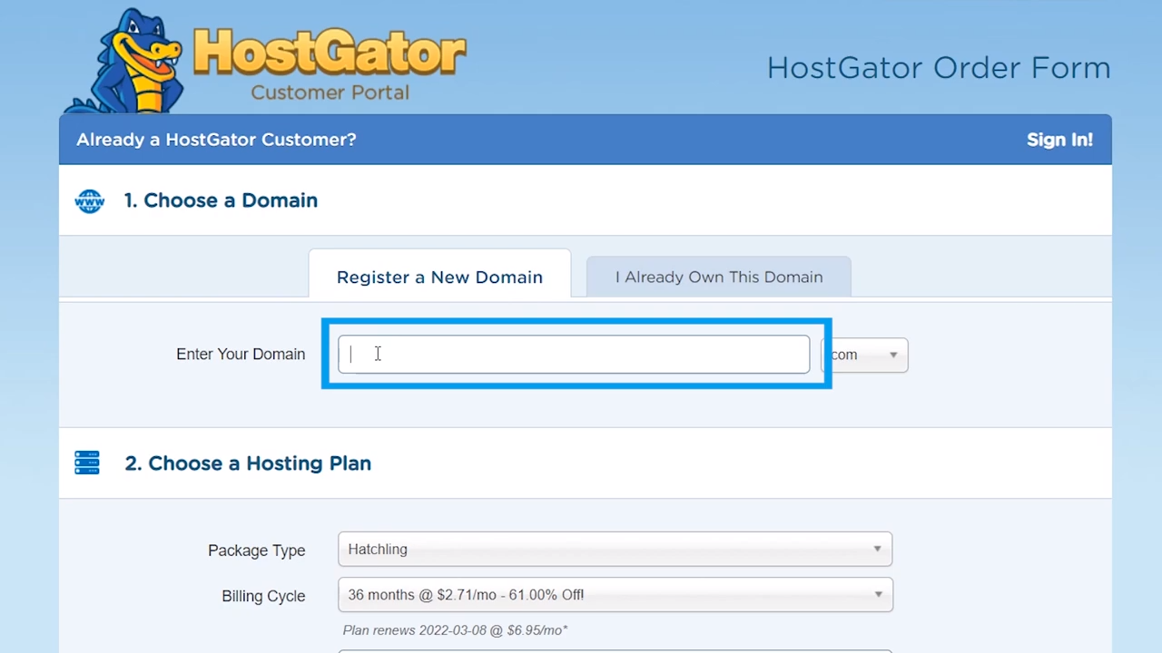 wordpress site hostgator domain name