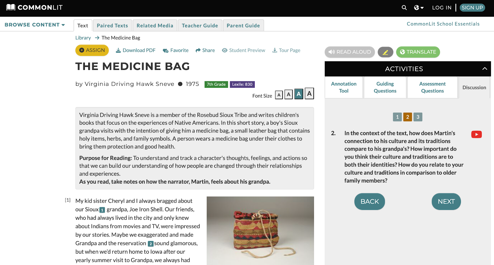 Screenshot of "The Medicine Bag" digital reading lesson with discussion question sidebar
