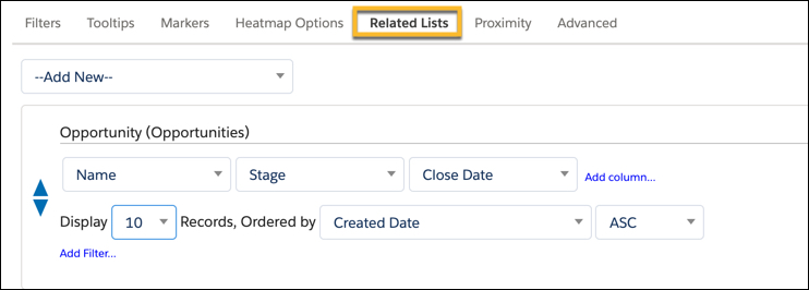 The Related Lists tab is selected. The following opportunity columns are displayed, Name, Stage, and Close Date. The Display row shows the number 10 for records, ordered by Created Date, Ascending.