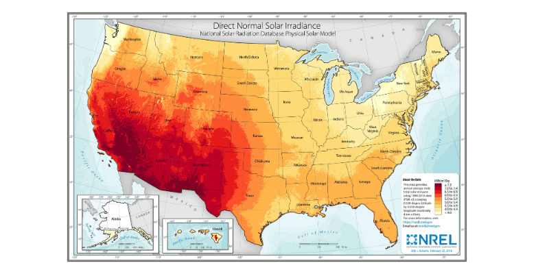 Map of the United States with average peak sun hours displayed.